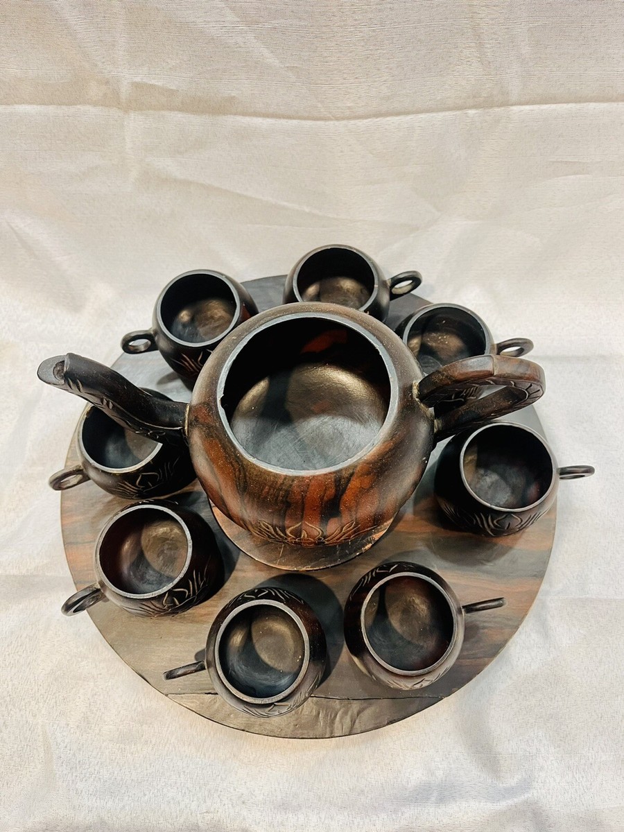 VTG Monkey Pod Wood Tea Set Hand Carved In The Philippines Lazy
