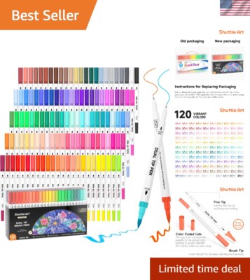 120 Unique Dual Tip Brush Marker Set + 1 Coloring Book for Creative Minds