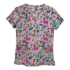 GT Size S Scrub Top Llama Rainbows Has Pockets Pink Medical Nurse