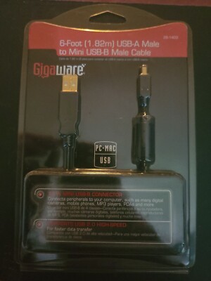 Câble USB Gigaware 6ft – USB-A Vers Mini USB-B – Neuf Sous Blister