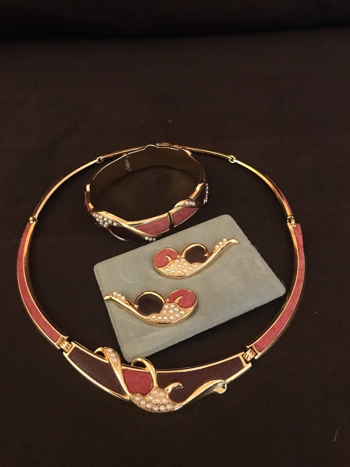 Retro Vintage Set Modeschmuck - Schmuck Set: Halskette, Armreif, Ohrclips