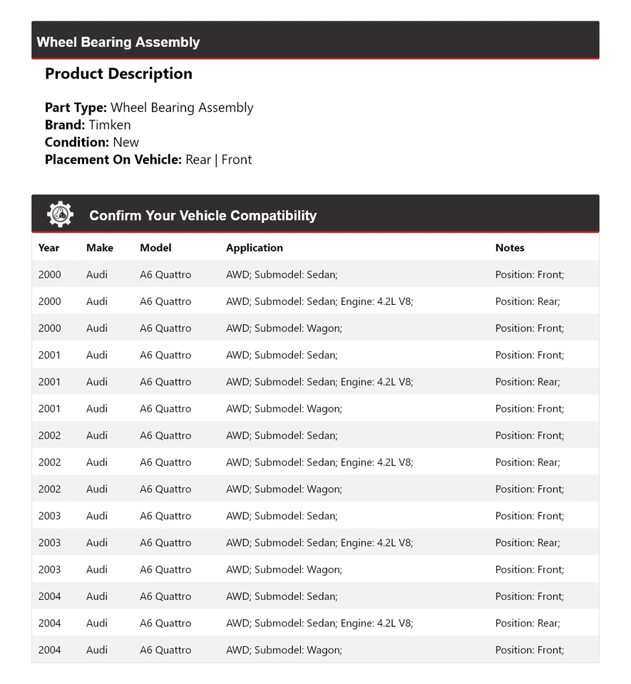 Conjunto de cojinete de rueda Timken 2001 2002 2003 para Audi A6 Quattro 2000-2004 AWD Foto 2 de 4