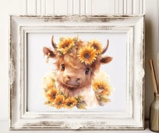 Cow Wall Art Print, Cute Highland Cow With Sunflowers Wall Art Decor, Farmhouse
