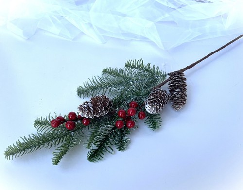 Christmas Pine cone Stem Red Berry Stems Faux Silk Flower Xmas Deco Flowers x 1 - Picture 6 of 8