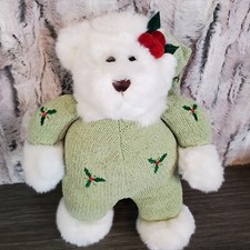 Christmas White Teddy Bear Squeaker Plush Sage Green Soft Body Holly Details 10"