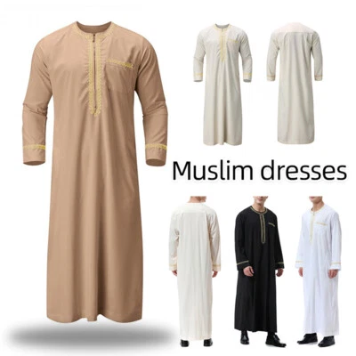 Men Slam Arab Thobe Robe Dishdasha Muslim Abaya Kaftan Ethnic Dress Thoub Jubba
