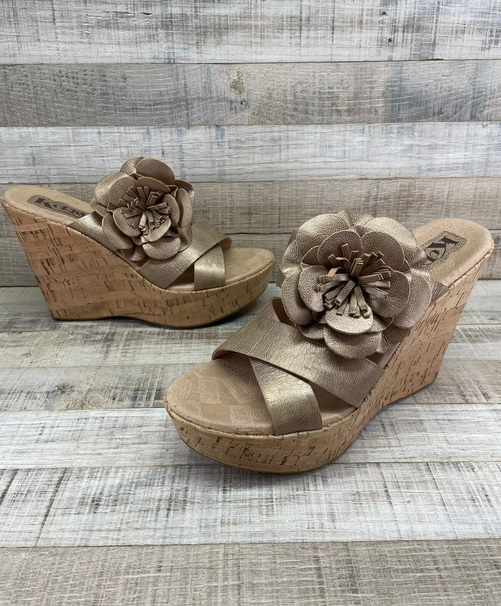 Kork Ease Bronze Leather Open Toe Tall Wedge Heel Strappy Sandals Women s sz 9