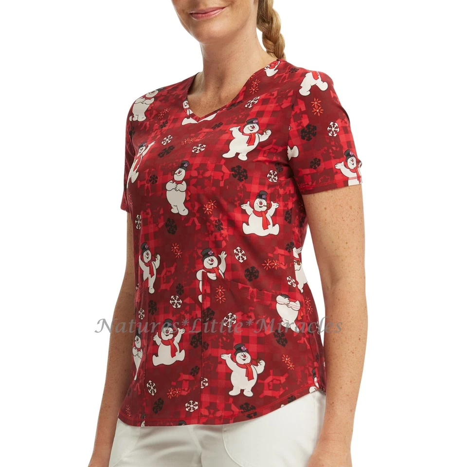 Frosty The Snowman Scrub Top Shirt Christmas Women's Size S-3XL Plus Holiday NWT - Image 3 of 4