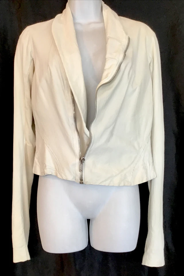 Rick Owens короткий Moto куртка мел белый из овчины вязаный ребристый отделки молнии размер S - Изображение 3 из 4