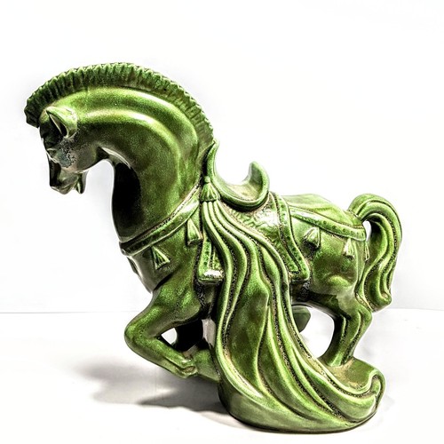 Statua cavallo ceramica verde orientale vintage veste fluente anni 60 12" - Foto 2 di 12