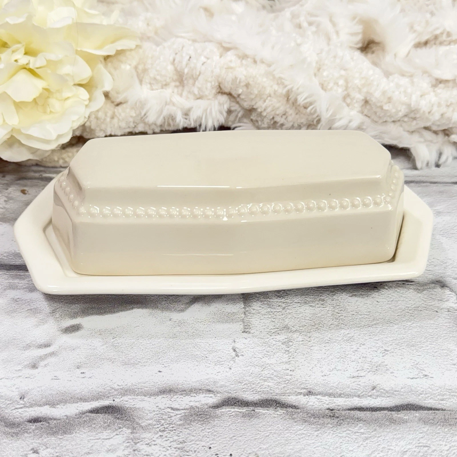 Vintage Ivory Covered Butter Dish Oval Ceramic Beaded Fancy Dish Ware - Nice!