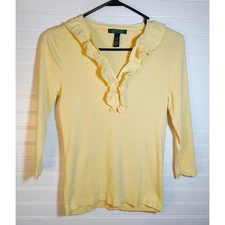 Lauren Ralph Lauren Yellow Ruffle Neck 3/4 Sleeve Ribbed Knit Top - Medium