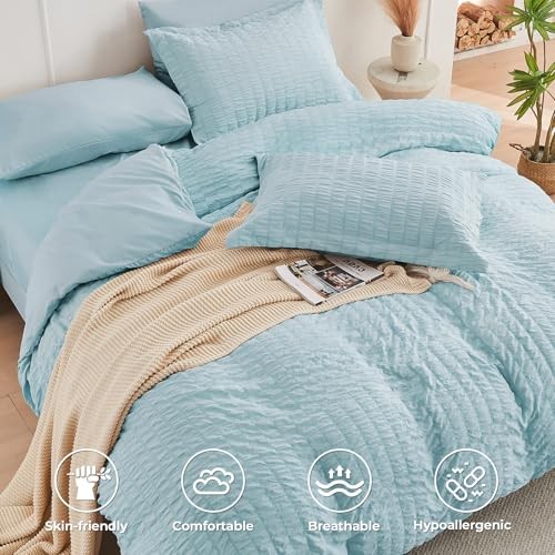 King Size Comforter Set Seersucker 7 Pieces, All King(102"x 90") Lake Blue - Picture 3 of 6
