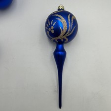 12  Matte Blue Glass Finial Ornament Gold Glittered