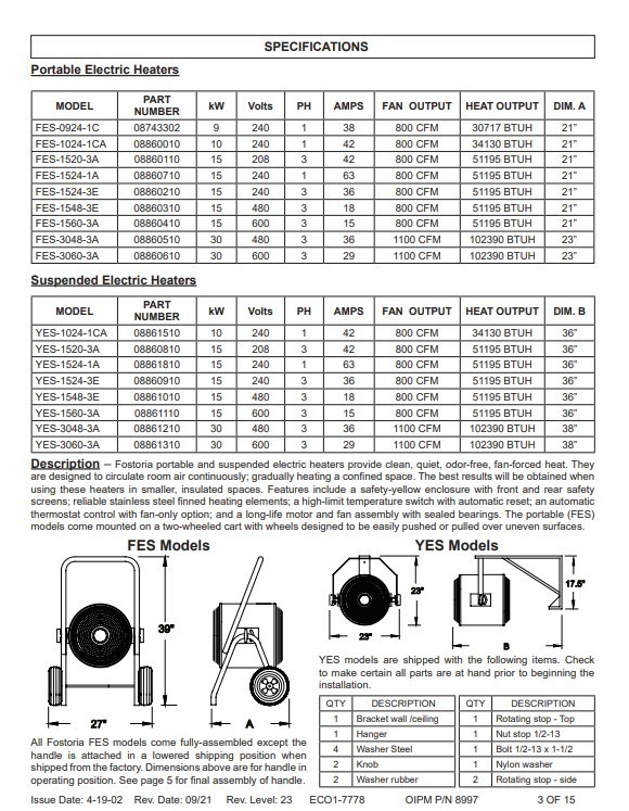 Fostoria F15-FES-3A Electric Salamander Heater | 15kW 208V 3-Phase | 800 CFM