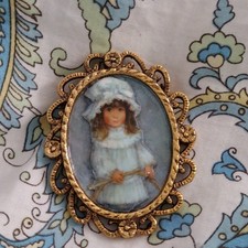 Ornate Cameo Brooch Painted Portrait Gold Tone Blue Dress Oval Brass
