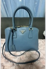PRADA Satchel Saffiano Blue Gold Hardware Detachable Strap Double Handles