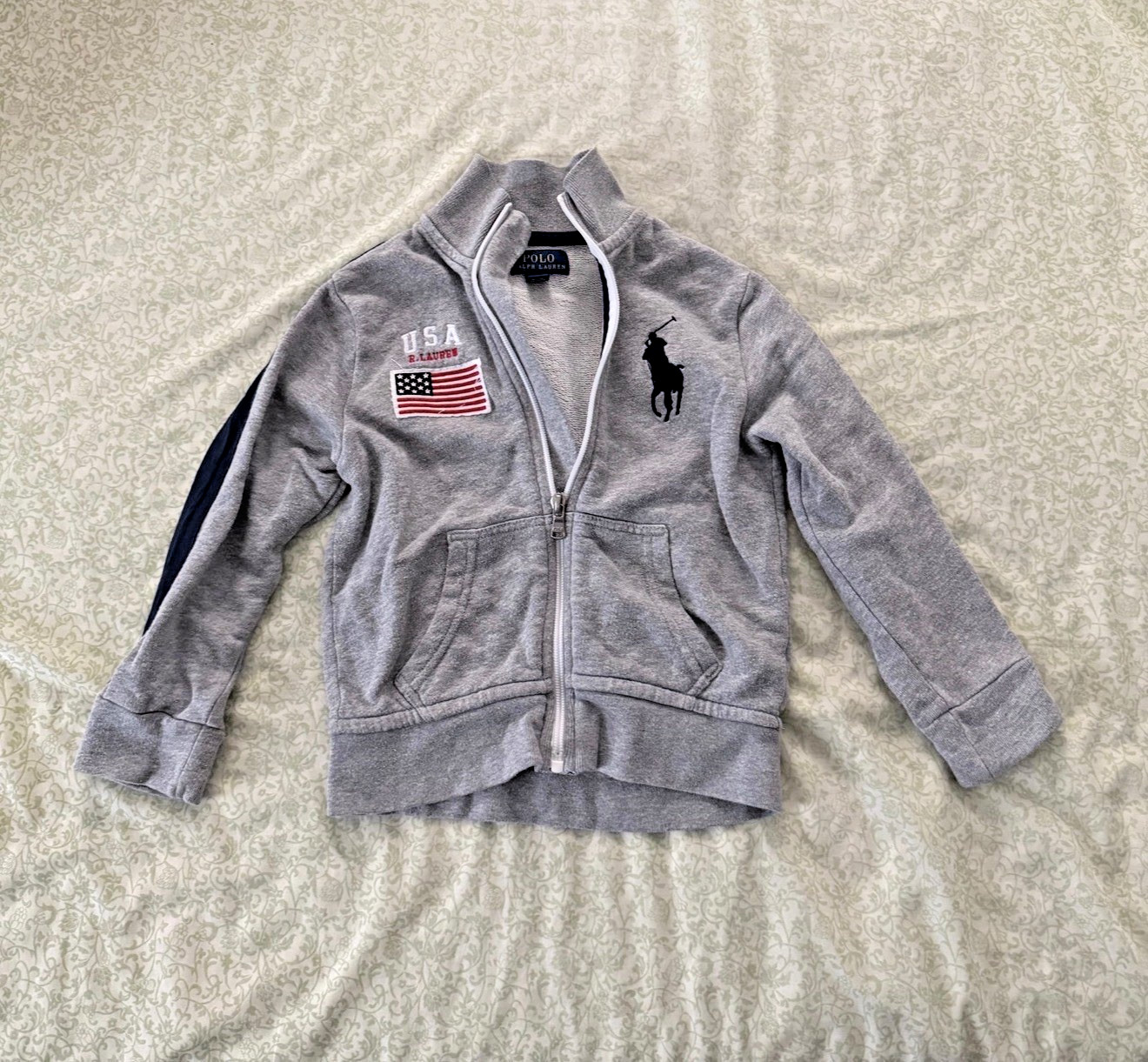 Polo Ralph Lauren Boys Full Zip Sweatshirt 3/3T Gray Navy USA Flag Logo