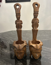 VTG Hand Carved Wood Water Ladles Offering Bowls African Wall Planters 14.5”
