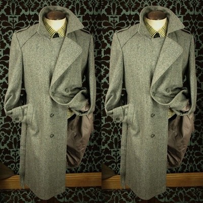Herringbone Men's Overcoat Casual Tweed Vintage Long Jacket Winter Outdoor Coat