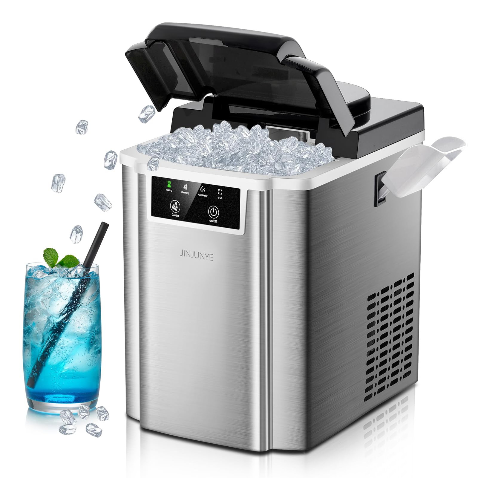 JINJUNYE 38LBS/Day Countertop Nugget Ice Maker with Self-Cleaning Feature for Soft Chewable Ice