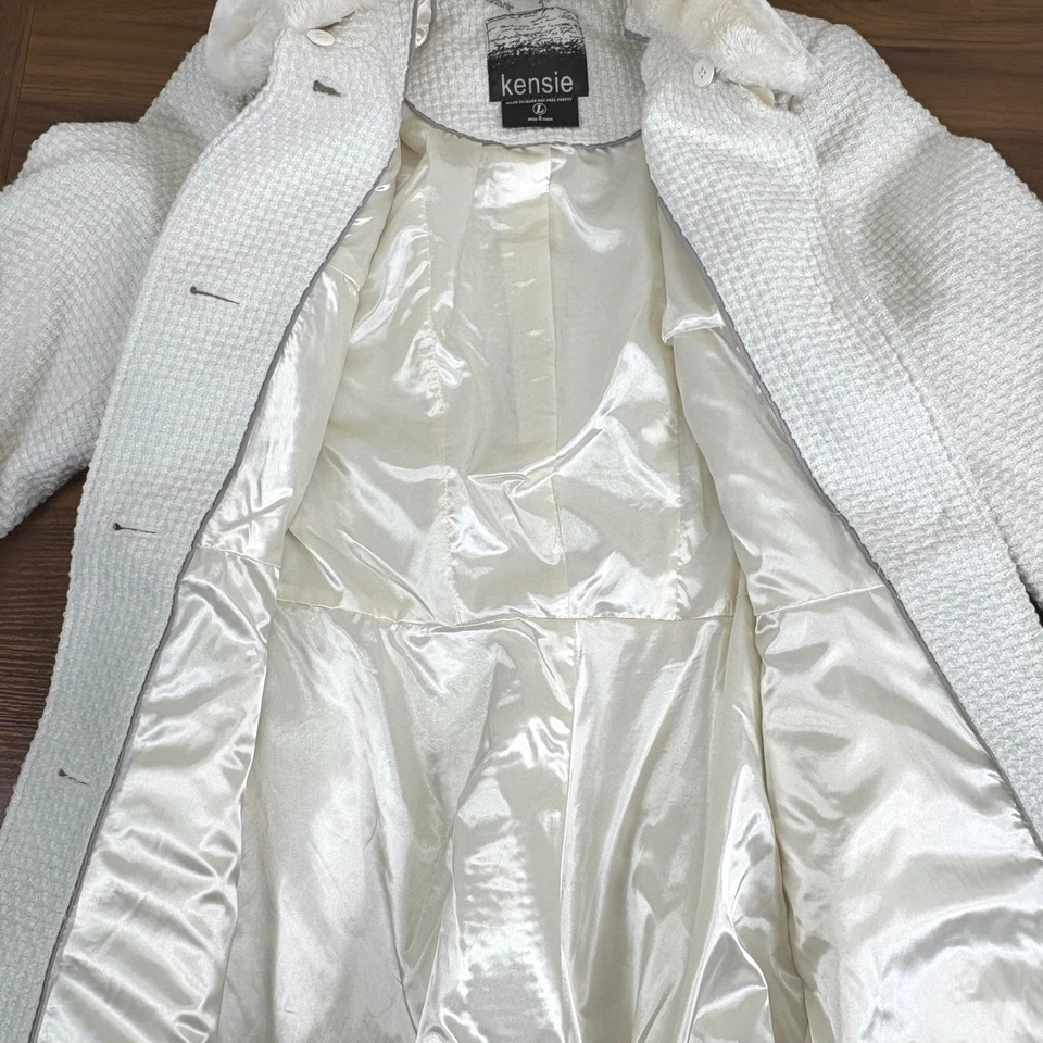 Kensie Womens Pea Coat Faux Fur Removable Collar White Peplum Waffle Knit Size L - Image 4 of 4