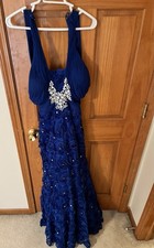 Blue Formal Evening Gown with Floral and Rhinestone Embellishments
