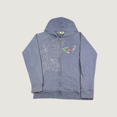 Roxy Womens Full Zip Hoodie Blue Gray Butterfly Graphic Sweatshirt Size Large