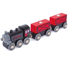 Hape: Steam-Era Freight Train - Red Black - 3pc Wooden Locomotive Toy,Ages 3