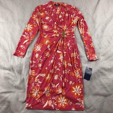 Chaps Dress Womens 2 Pink Floral Wrap Sheath Long Sleeve Jersey V-Neck Stretch