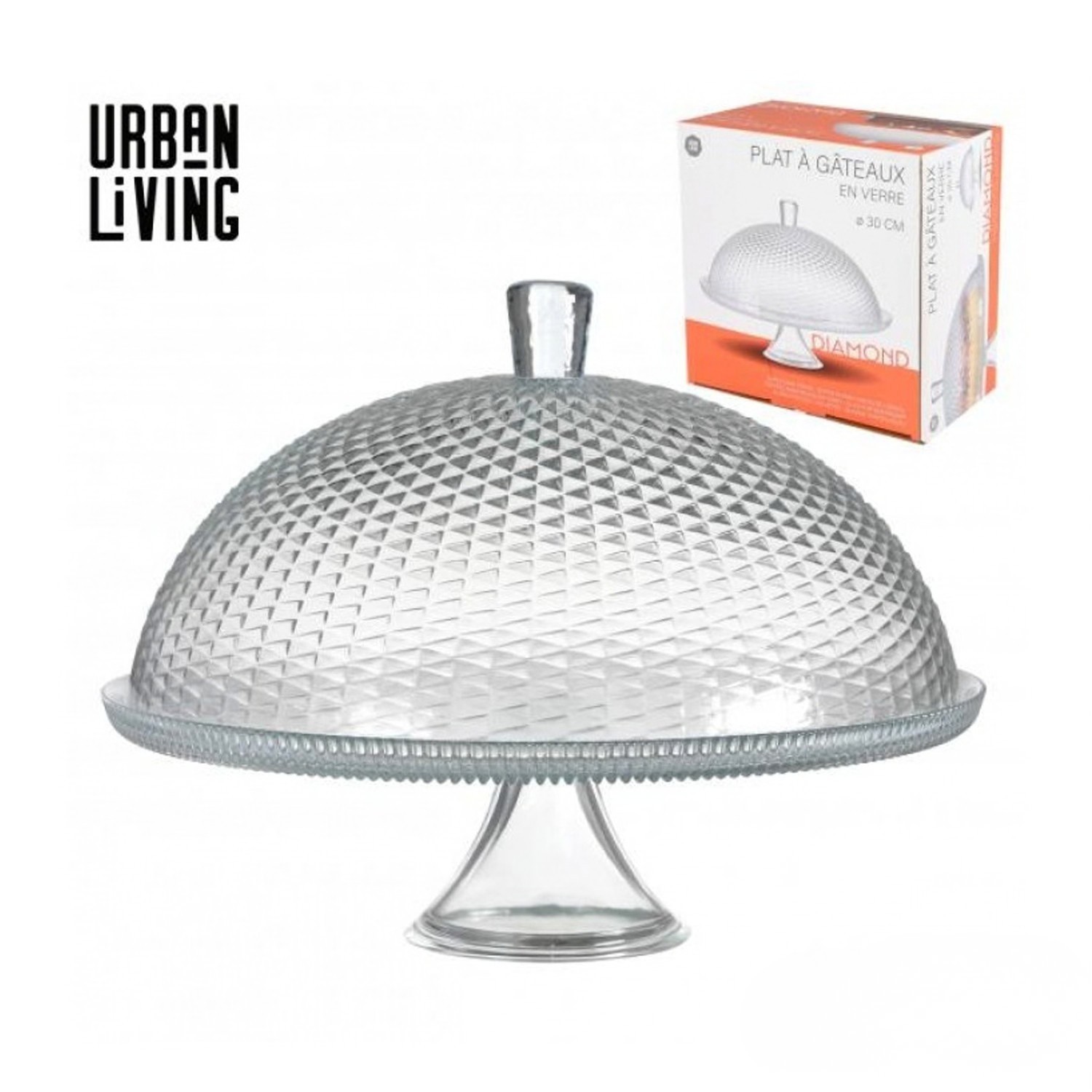 Glass Cake Stand with Dome Lid Diamond Pattern Clear 31cm Pedestal Display Plate