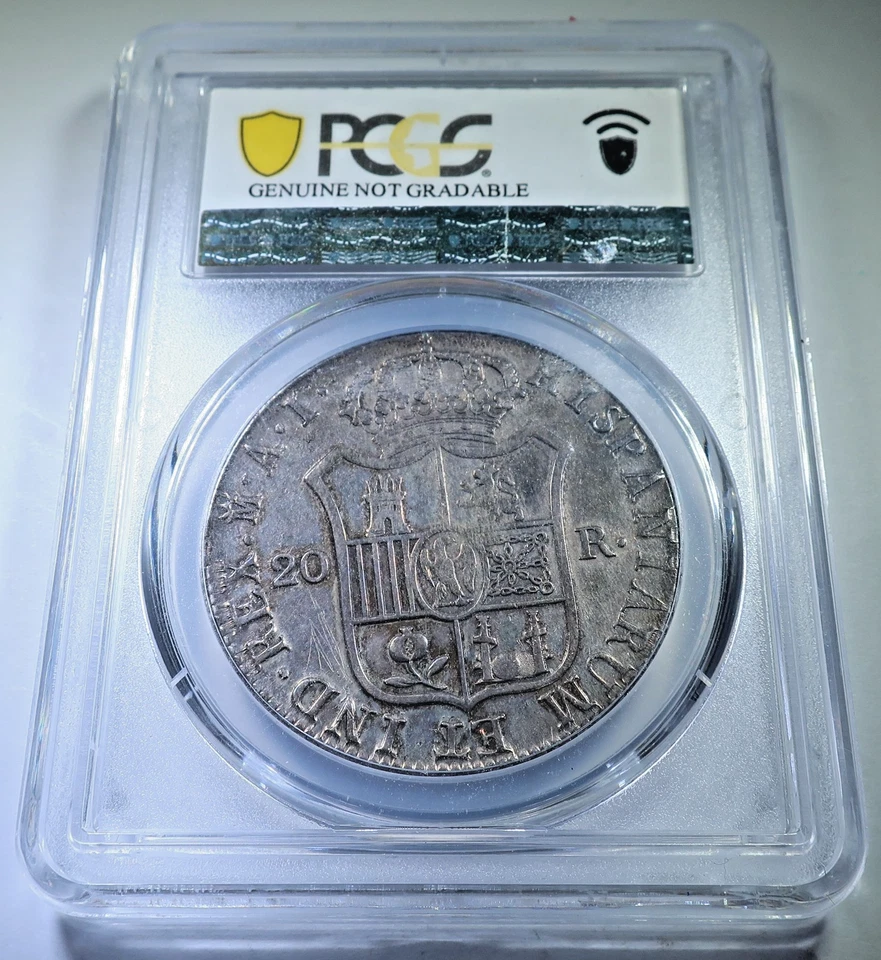PCGS AU 1810 Moneda 20 Reales Plata Española Genuina 1800 Napoleón Madrid 1800 Foto 2 de 2