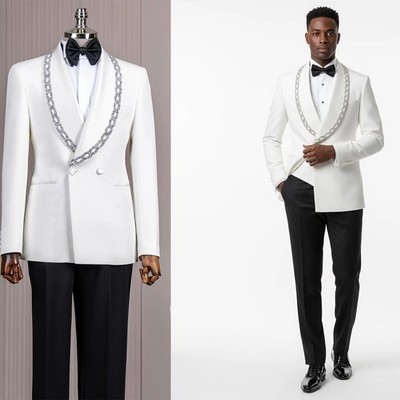 Men Suits Beading Slim Fit Wedding Shawl Lapel Double Breasted Rhinestone Custom