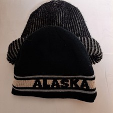 2 Winter Hats Alaska Adult Skull Cap Toque Beanie black stripe