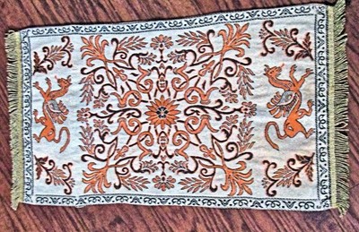 Vtg Table Runner 22'' Orange & Black Figural Design Dragons Fringe Gold Metallic