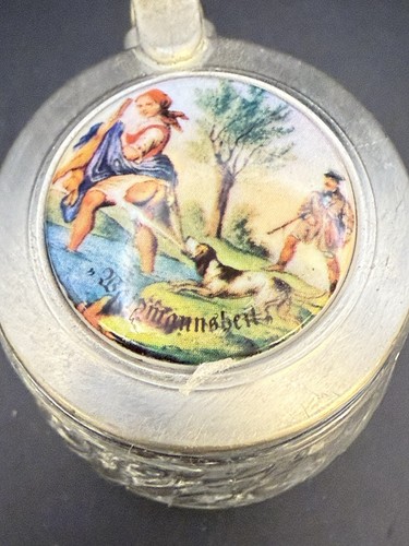 Vintage German Souvenir Mini Beer Stein 2” Glass Pewter Lid Rein Zinn - Picture 2 of 5