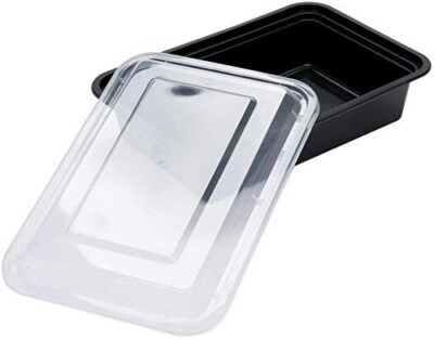 MC888(100PCS) 38 oz. Black Rectangular Microwavable Container with Clear Lid