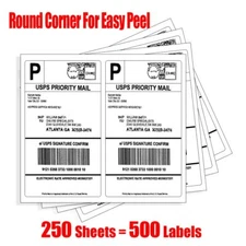 500 Address Shipping Labels 8.5x5.5 Half Sheet Rounded Self Adhesive 2 Per Sheet