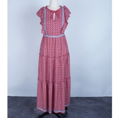 NWT Max Studio Midi Dress XS Flutter Sleeve Tiered Hem Split Neck Red boho