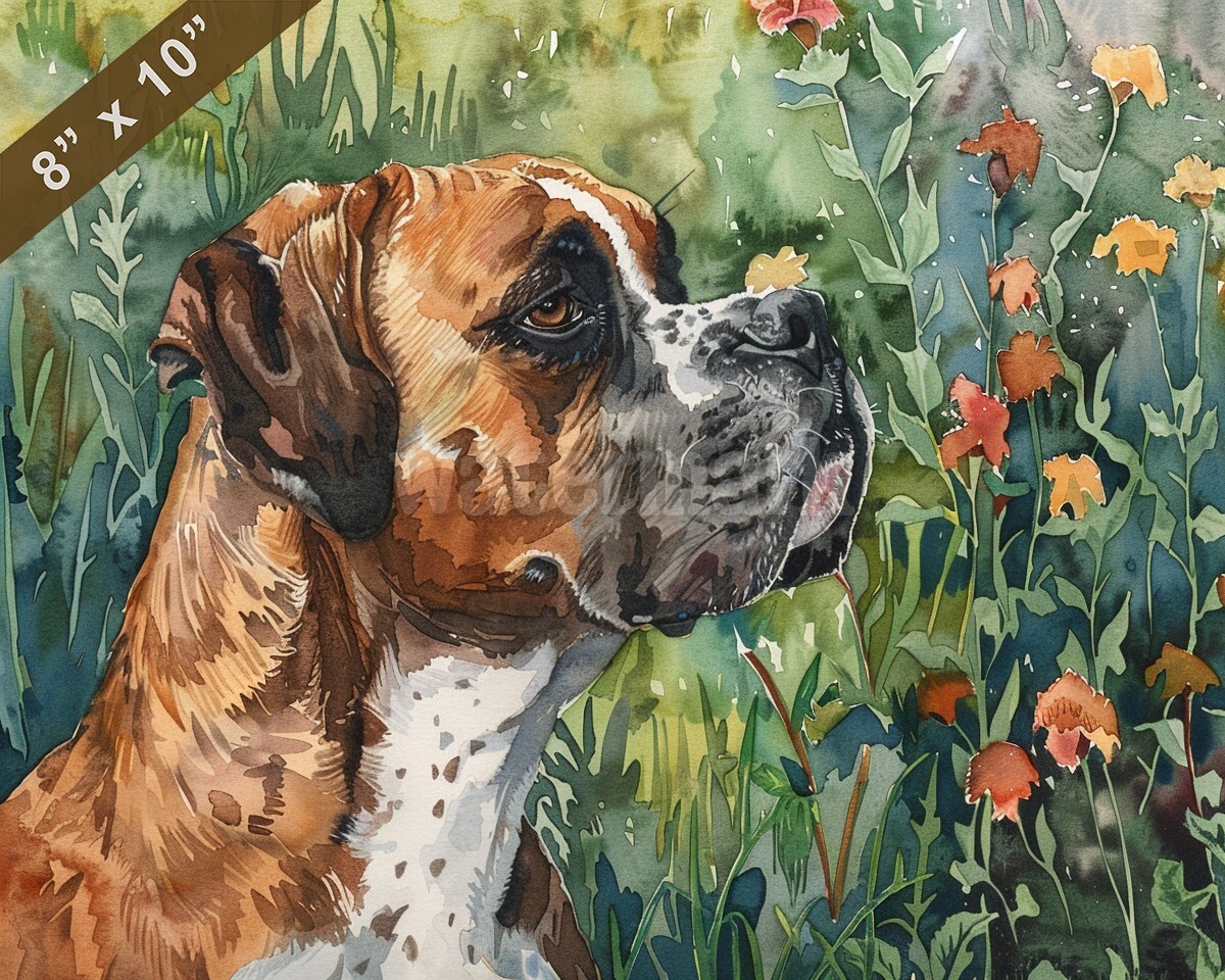 Boxer watercolor painting by a serene garden 8x10 Print
