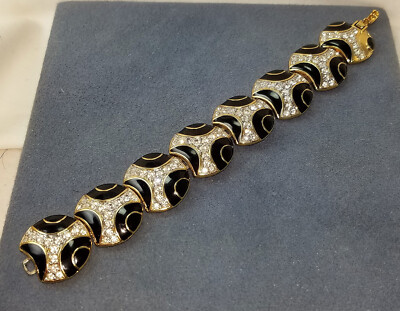 Vtg Nina Ricci Couture Black Enamel & Rhinestone Gold Metal Link Bracelet Signed