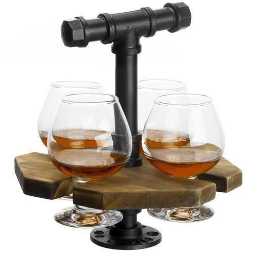 Industrial Metal Pipe & Rustic Burnt Wood Beer/Whiskey Flight Set with 4 Glasses - Picture 2 of 7