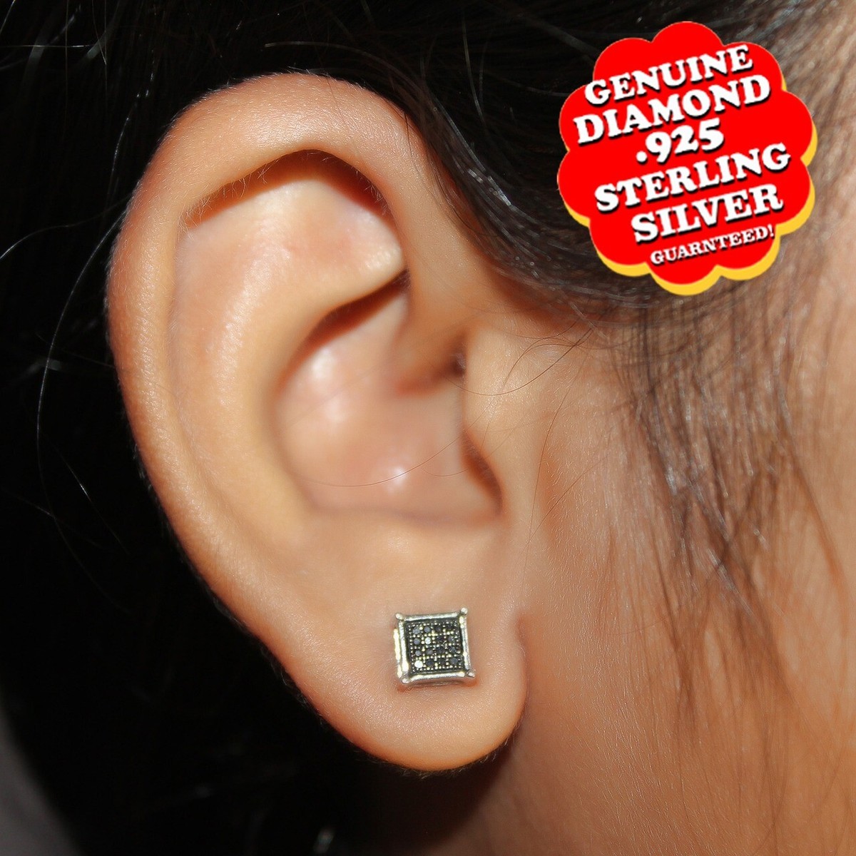 1/10 Ct Black Diamond Square Stud EarRing 14K White Gold Plated