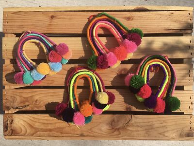 Handmade Hand Embroidered Mexican Felt Rainbow Arcoiris Pom Pom