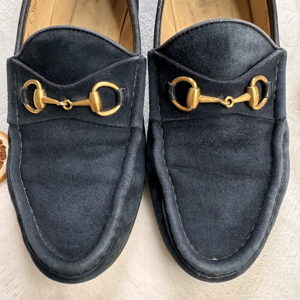 Gucci Womens Shoes Horsebit Loafers Navy Blue Suede Flats Size 37 eBay