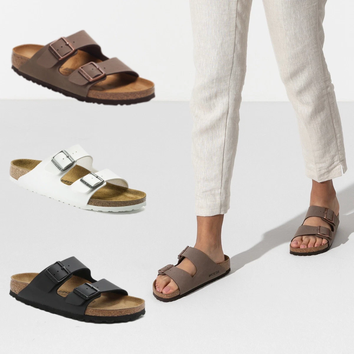Birkenstock Arizona Womens Birko-Flor Sandals Black/White/Mocca