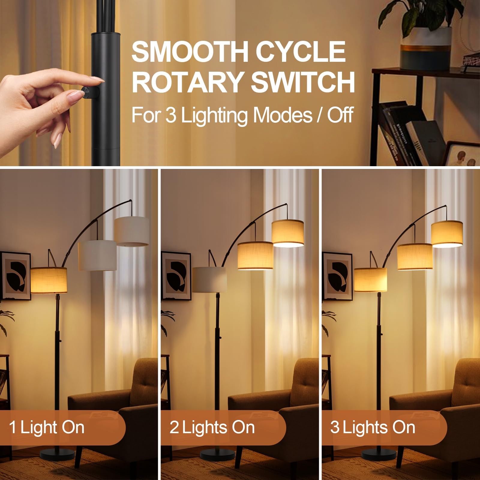 Arc Led Floor Lamp, Modern Black 3 Light Tall Floor Lamp for Bedroom, 2400lm ...