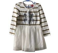 Girl’s Glitter Snowflake Cream Gold Stripe Long Sleeve Tulle Dress - Size XS 4-5