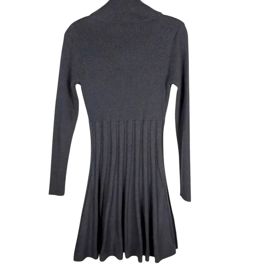 CALVIN KLEIN CK Dark Gray Sweater Knit Dress RIBBED FLARE Cowl Neck Cozy & Fun L - Image 4 of 4