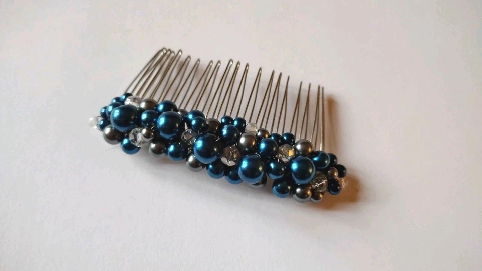 Peine de pelo de cristal azul oscuro perla y cristal gris, dama de honor, graduación, boda Foto 3 de 4